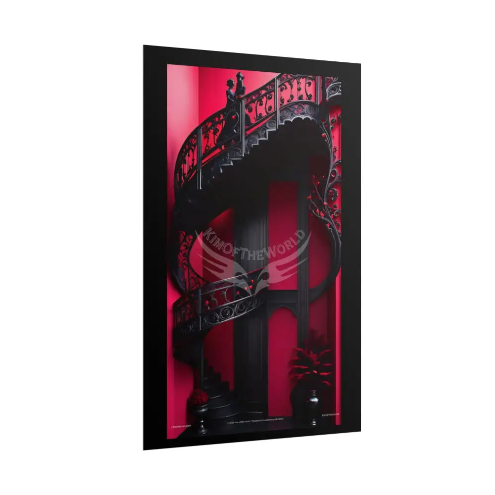 Gothic Magic Minimalist Vintage 2 Pink Blood Moon Staircase Interior Room Black & Red Satin 3D Moon Art Poster — Black