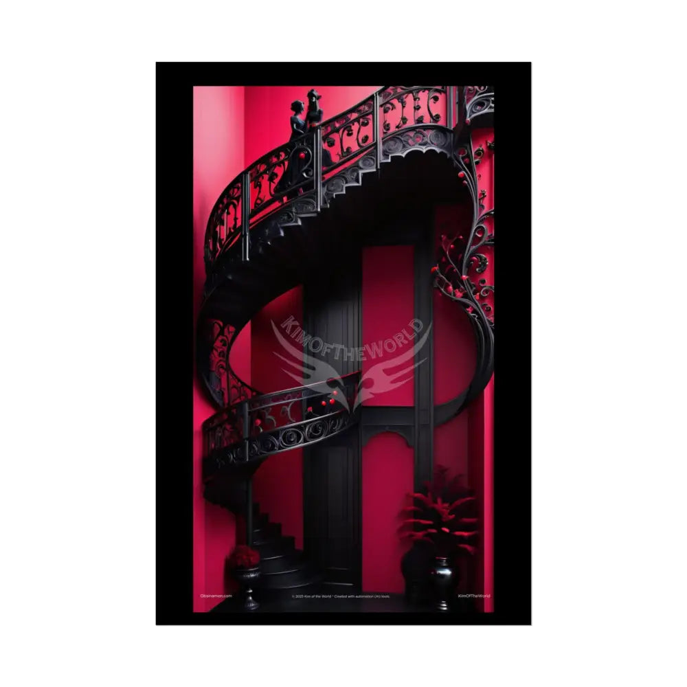 Gothic Magic Minimalist Vintage 2 Pink Blood Moon Staircase Interior Room Black & Red Satin 3D Moon Art Poster — Black