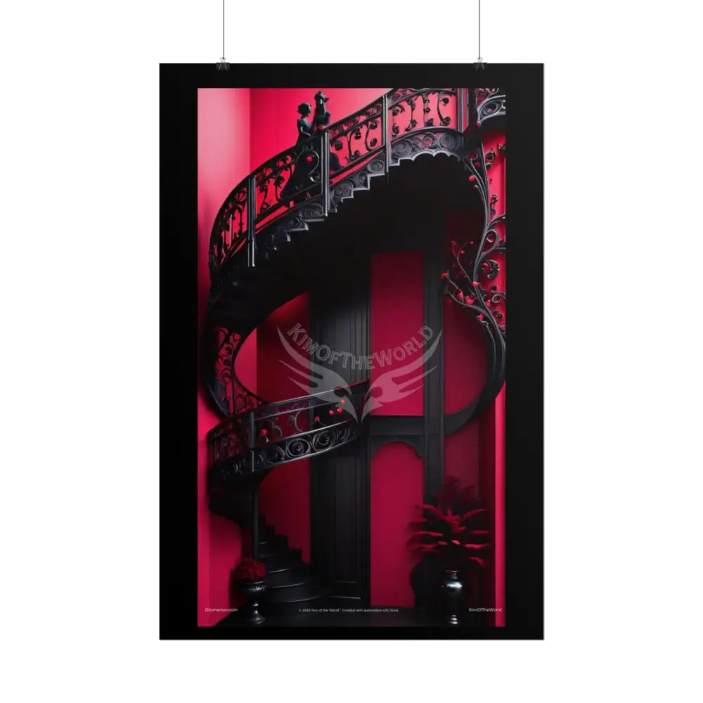 Gothic Magic Minimalist Vintage 2 Pink Blood Moon Staircase Interior Room Black & Red Satin 3D Moon Art Poster — Black