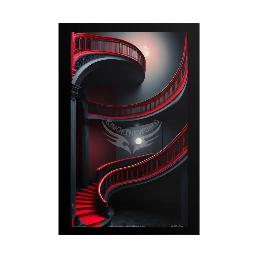 Gothic Magic Minimalist Vintage Balcony and Staircase - Black & Red Satin Art Poster — Black & Red Interior Prints