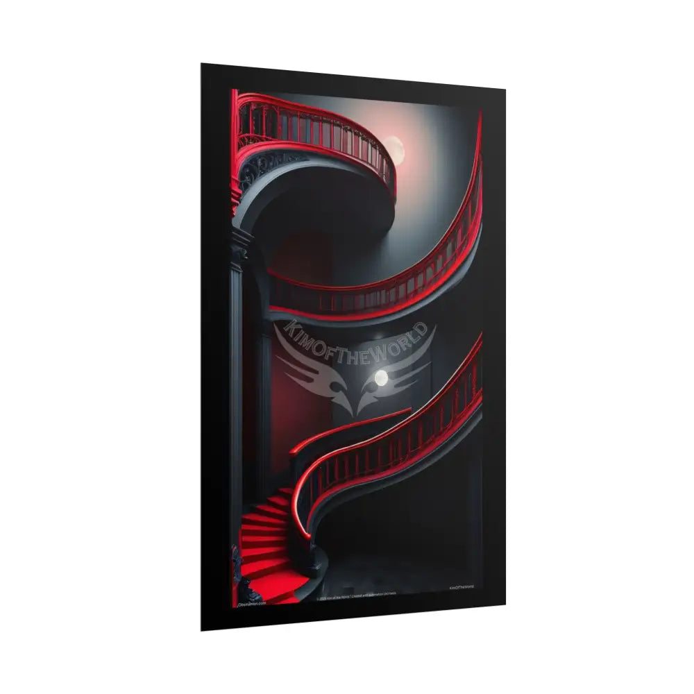 Gothic Magic Minimalist Vintage Balcony and Staircase - Black & Red Satin Art Poster — Black & Red Interior Prints