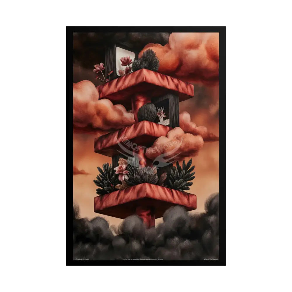 Gothic Orange Balcony Floral Fantasy Poster — Floating Balconies Art Print 20″ x 30″ (Vertical) / Matte Poster