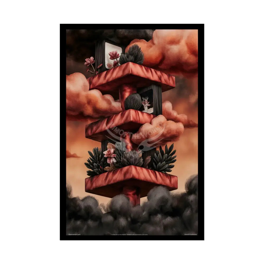 Gothic Orange Balcony Floral Fantasy Poster — Floating Balconies Art Print 20″ x 30″ (Vertical) / Semi Glossy Poster