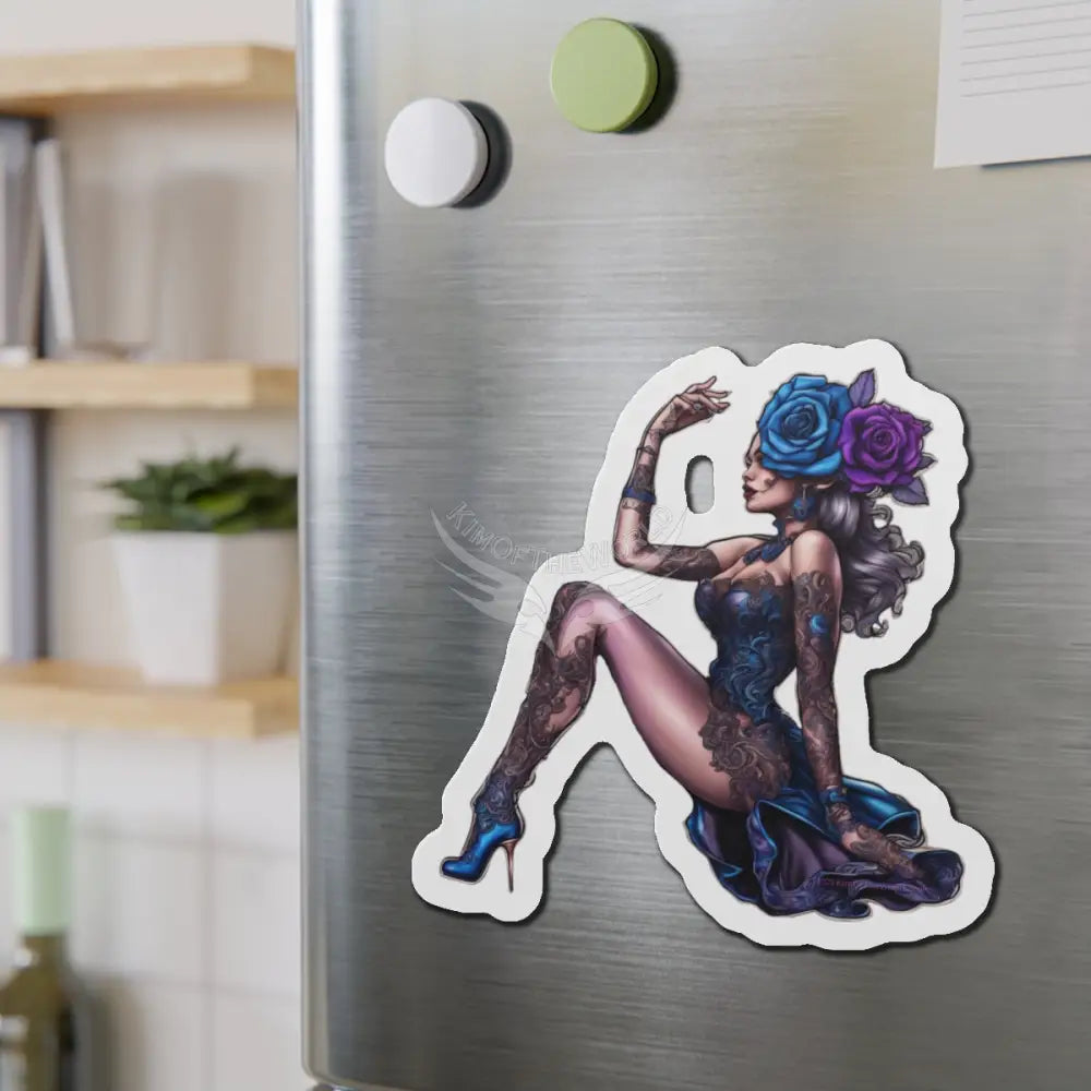 Gothic Pin-Up Die-Cut Magnet — Blue Rose Tattooed Femme 6’’ × 6’’ / Die-Cut / 1 pc Home Decor