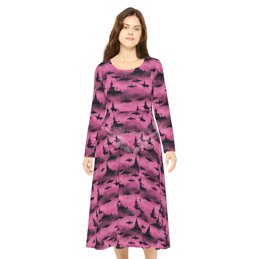 Gothic Pink Black Winged Wallpaper Print Dress – Women’s Long Sleeve AOP L All Over Prints