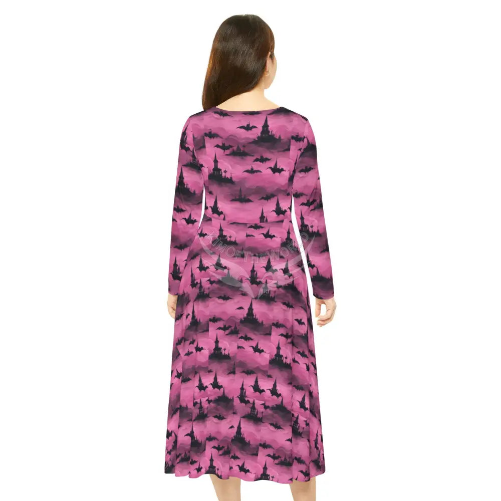 Gothic Pink Black Winged Wallpaper Print Dress – Women’s Long Sleeve AOP L All Over Prints