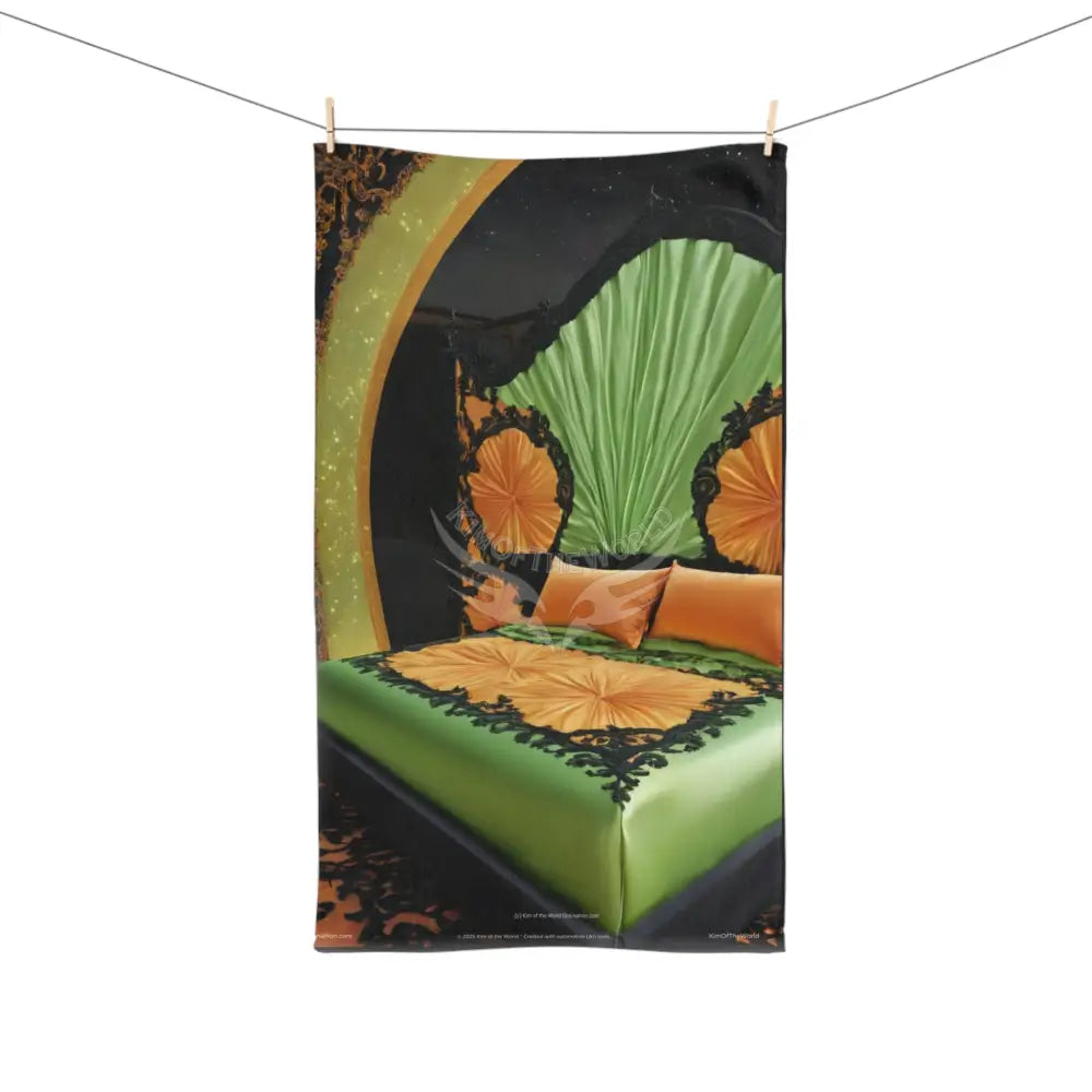 Gothic Satin & Lace Hand Towel — Green Trim Tea Towel White base / 28’’ × 16’’ Home Decor