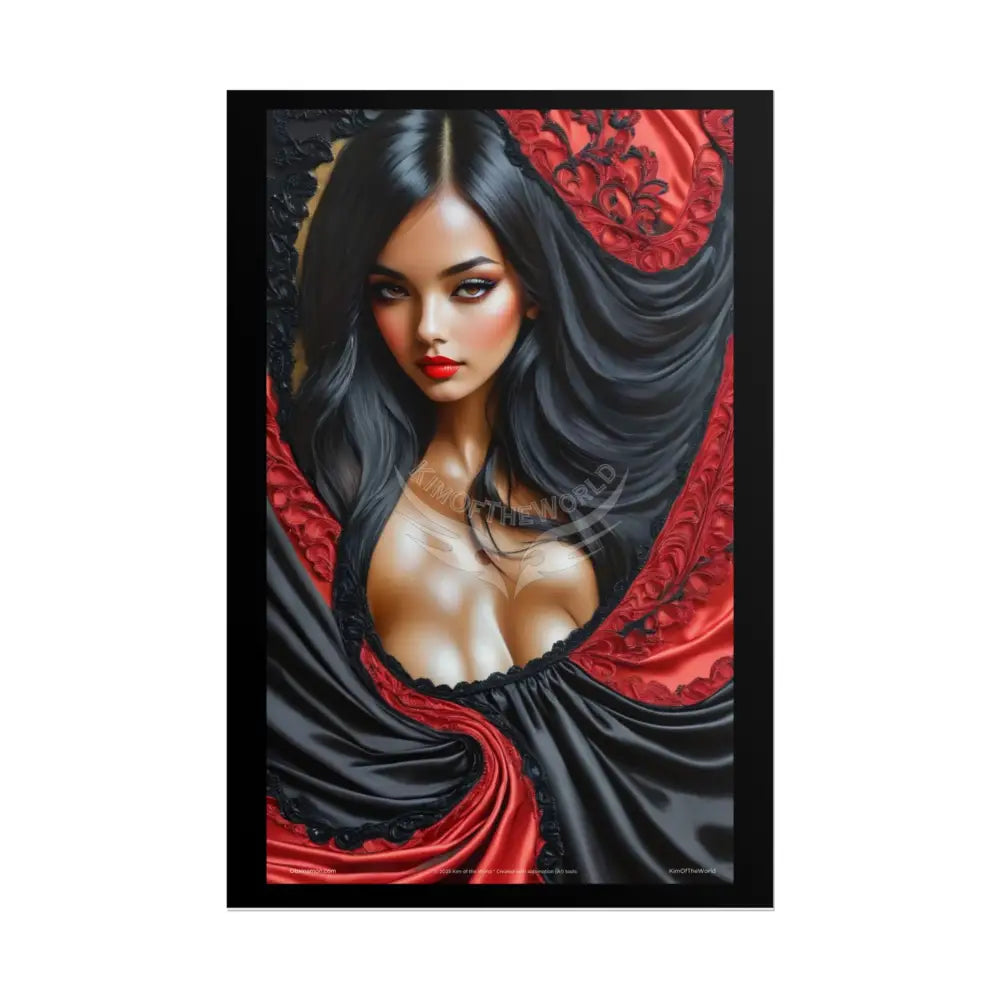 Gothic Satin Lady 3D Cover Art Poster — Black & Red Fashion Bedroom Prints (Rolled) 20″ x 30″ (Vertical) / Matte Poster