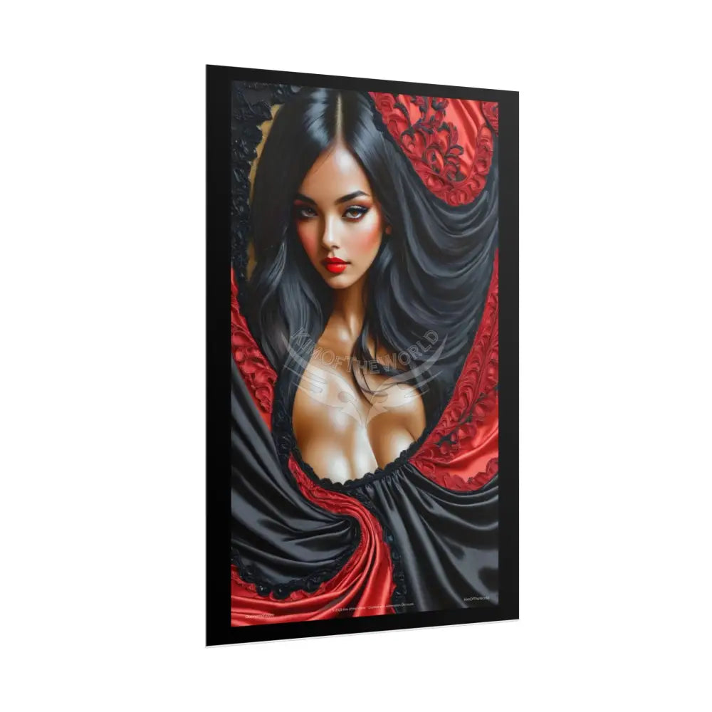 Gothic Satin Lady 3D Cover Art Poster — Black & Red Fashion Bedroom Prints (Rolled) Poster