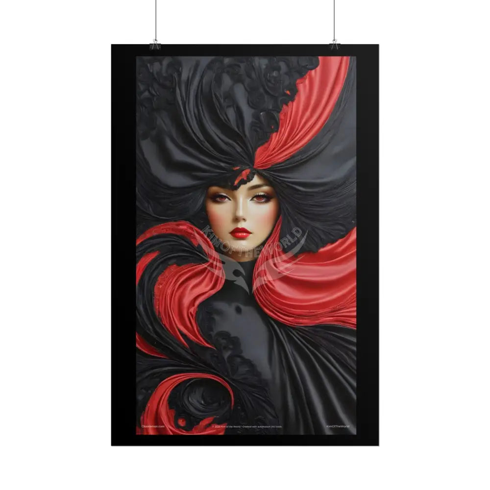 Gothic Satin Lady 3D Cover Art Poster — Black & Red Fashion Bedroom Prints (Rolled) Poster