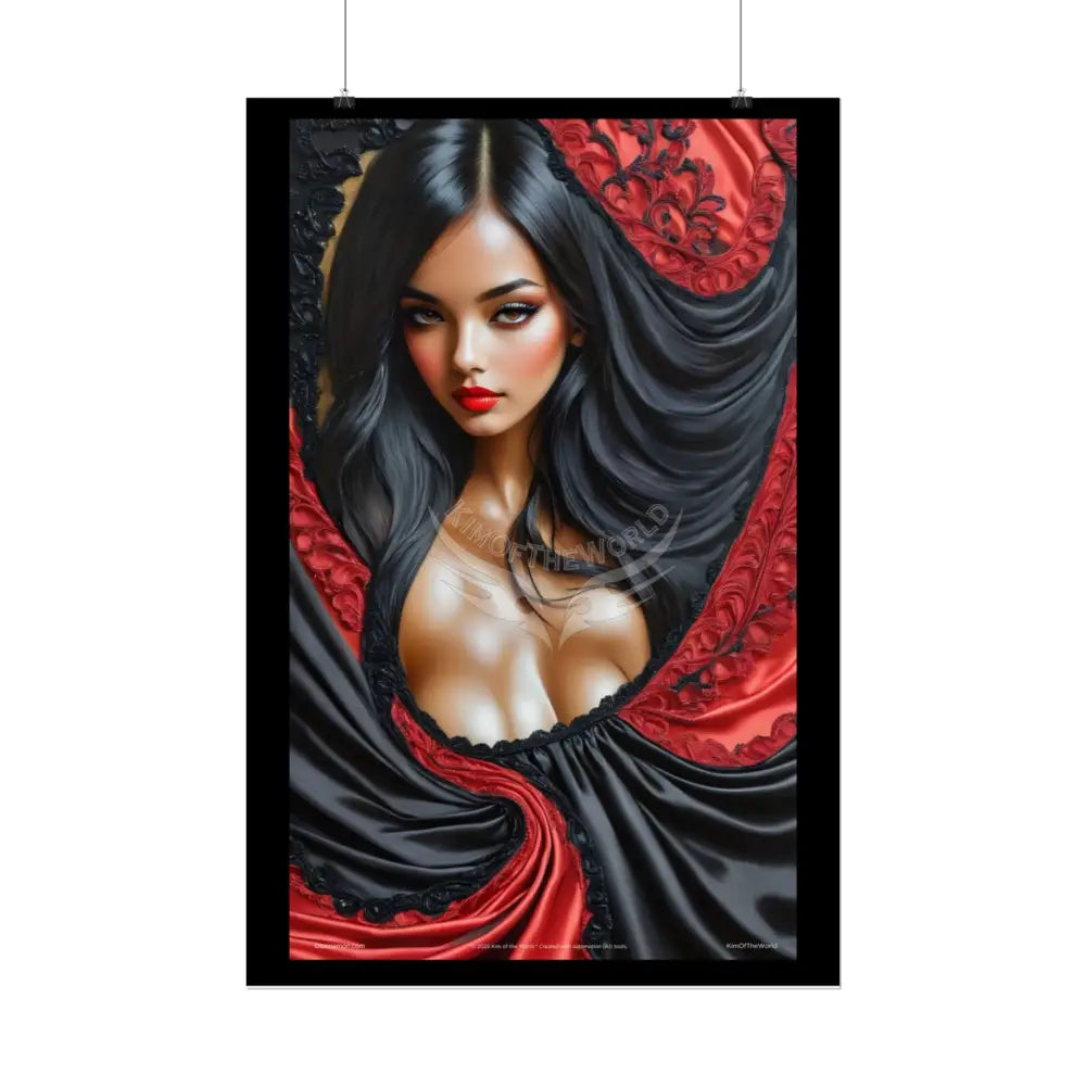 Gothic Satin Lady 3D Cover Art Poster — Black & Red Fashion Bedroom Prints (Rolled) Poster