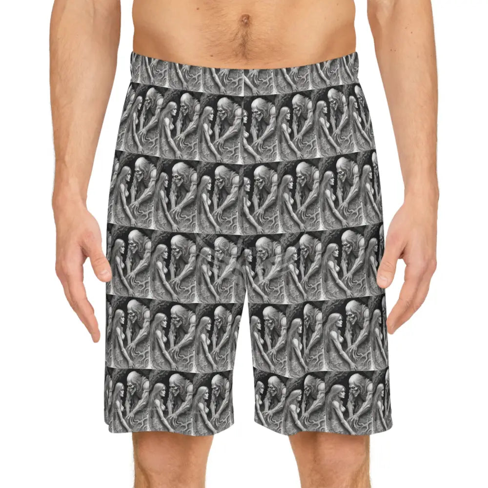 Gothic Skull & Maiden Basketball Shorts — Grayscale All-Over Print All Over Prints
