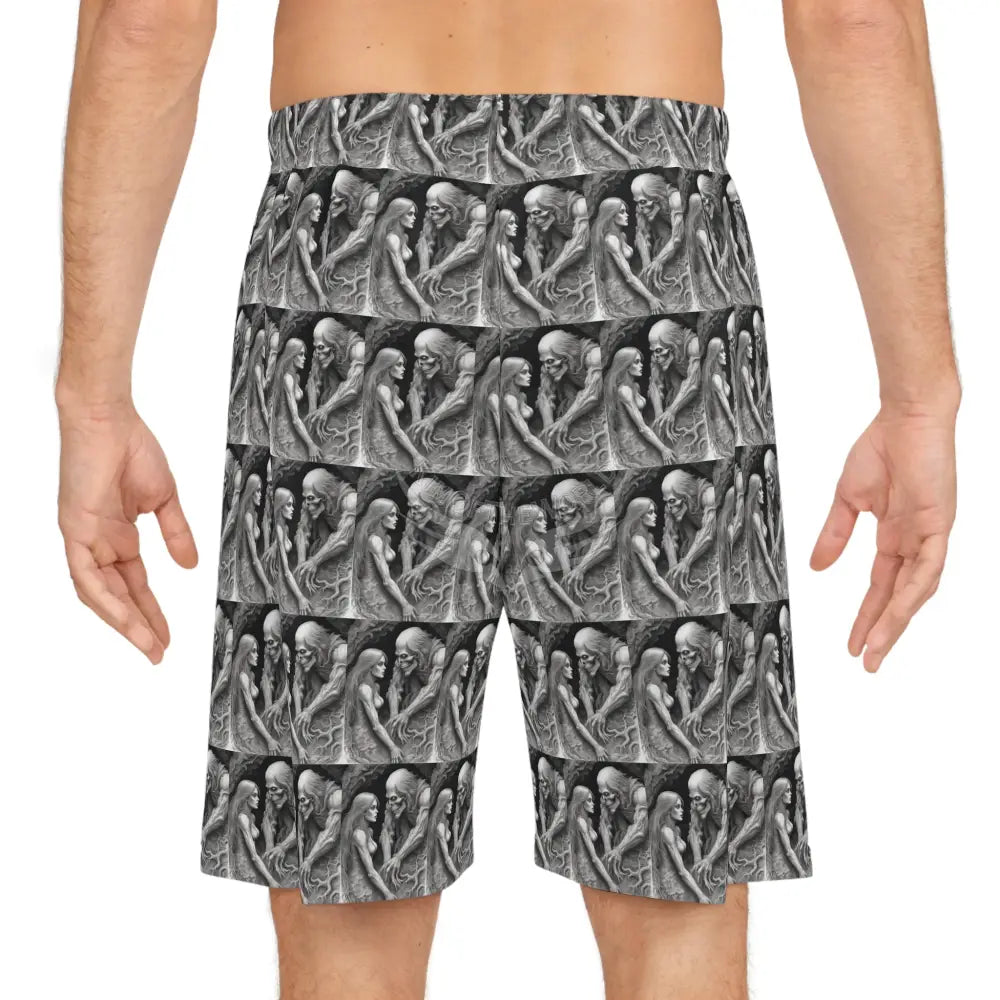 Gothic Skull & Maiden Basketball Shorts — Grayscale All-Over Print All Over Prints