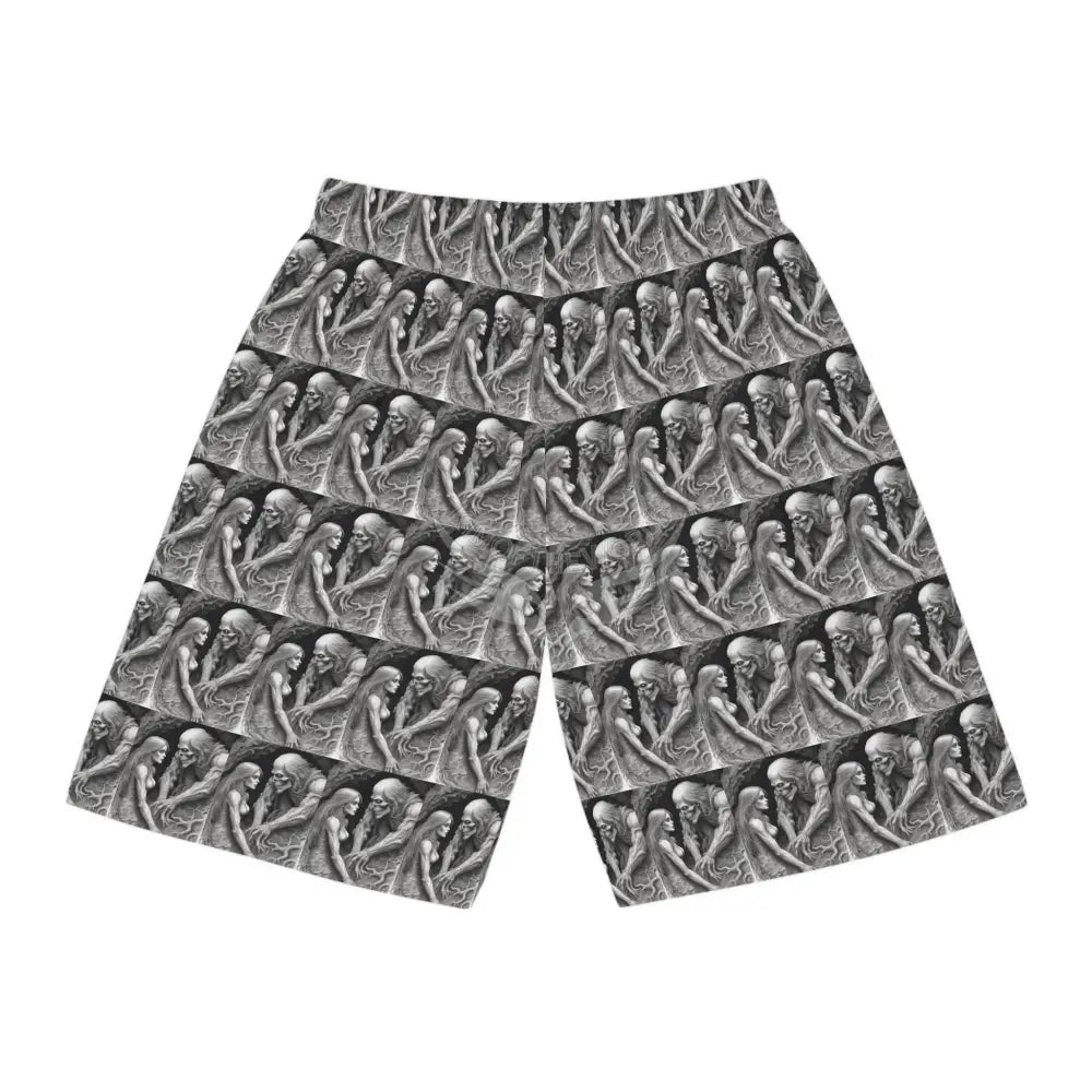 Gothic Skull & Maiden Basketball Shorts — Grayscale All-Over Print All Over Prints
