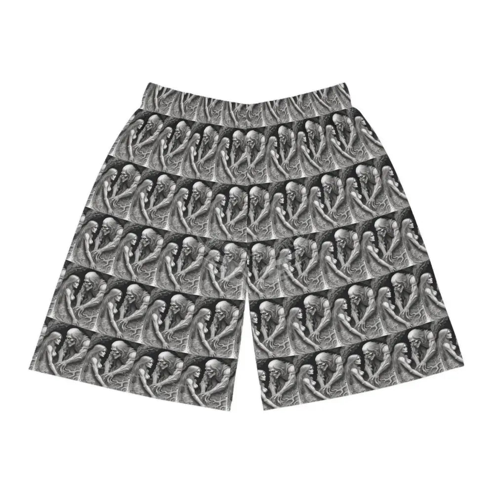 Gothic Skull & Maiden Basketball Shorts — Grayscale All-Over Print Seam thread color automatically matched to design