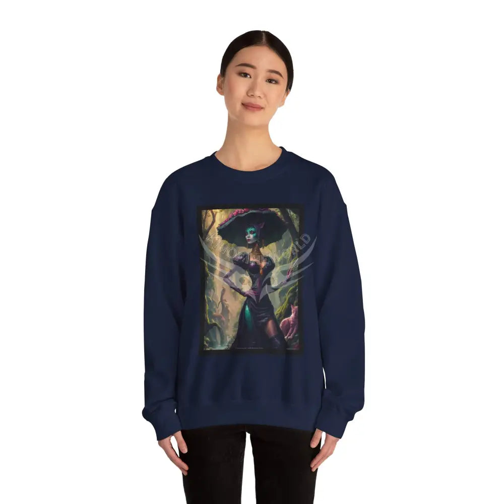 Gothic Surreal Empowered Cat Lady Fantasy Signature Design Sweatshirt — Tall Giantess Fetish Art Crewneck Sweatshirt