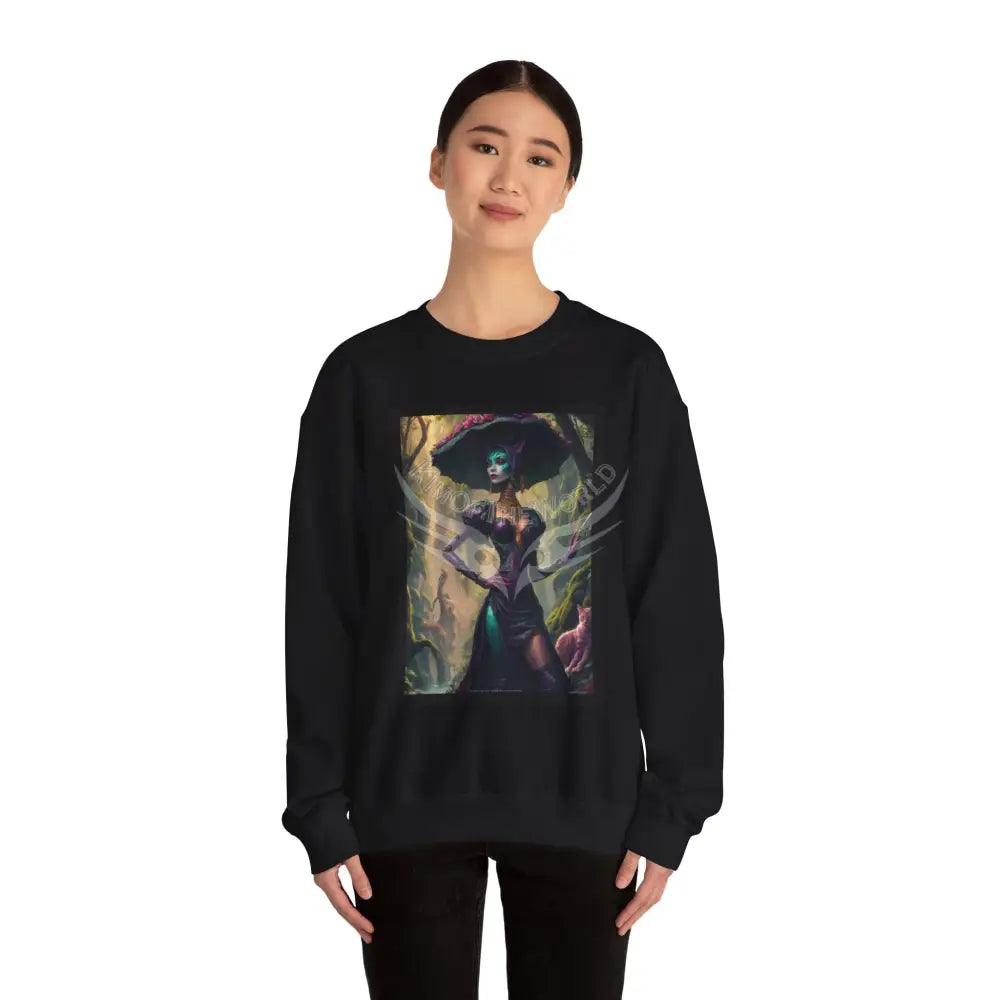 Gothic Surreal Empowered Cat Lady Fantasy Signature Design Sweatshirt — Tall Giantess Fetish Art Crewneck Sweatshirt