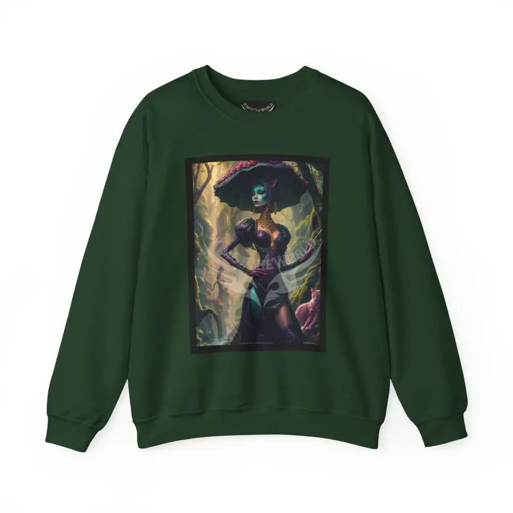 Gothic Surreal Empowered Cat Lady Fantasy Signature Design Sweatshirt — Tall Giantess Fetish Art Crewneck Forest Green