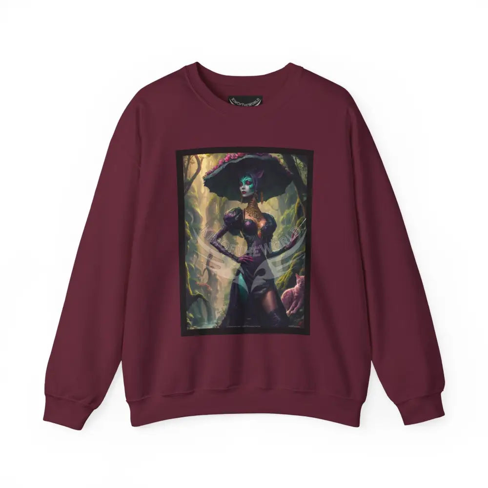 Gothic Surreal Empowered Cat Lady Fantasy Signature Design Sweatshirt — Tall Giantess Fetish Art Crewneck Maroon / S