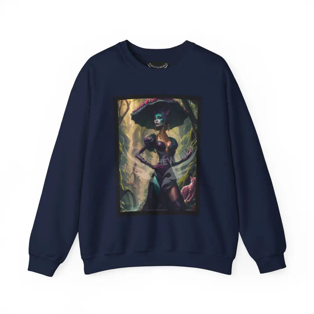 Gothic Surreal Empowered Cat Lady Fantasy Signature Design Sweatshirt — Tall Giantess Fetish Art Crewneck Navy / S