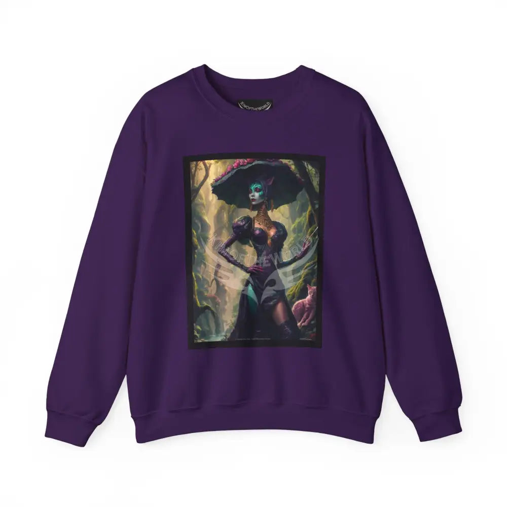 Gothic Surreal Empowered Cat Lady Fantasy Signature Design Sweatshirt — Tall Giantess Fetish Art Crewneck Purple / S