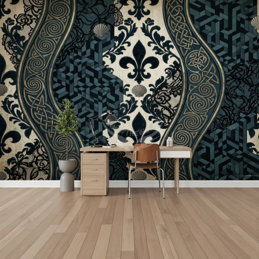Green Black and White Lace Stripes Unpasted Mural Wallpaper 144’’x100’’ 144’’x100’’ Wall Coverings