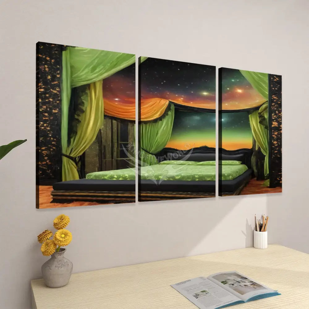Green Canopy Bedroom Fantasy Art - 3 Panels Canvas Prints Wall Art (Set F) 20’’x32’’x3pcs Wall Art