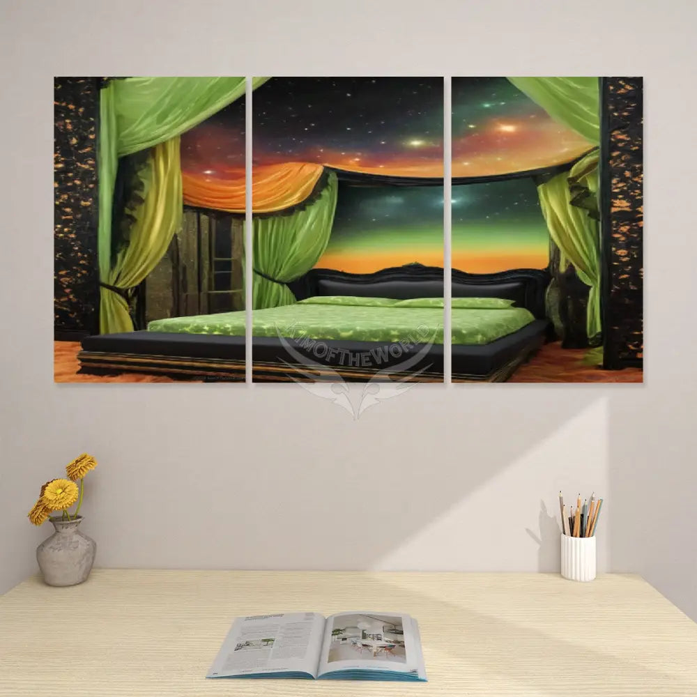 Green Canopy Bedroom Fantasy Art - 3 Panels Canvas Prints Wall Art (Set F) 20’’x32’’x3pcs Wall Art
