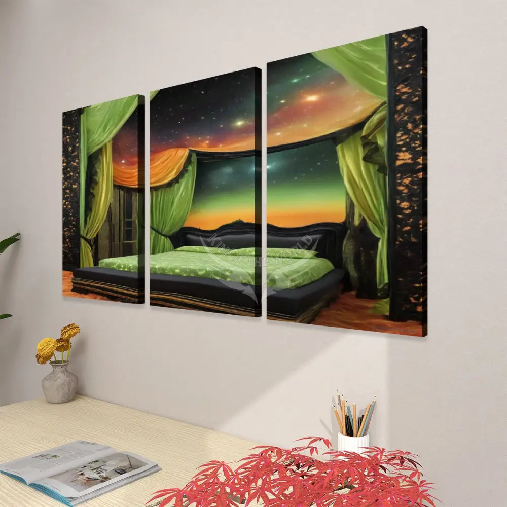 Green Canopy Bedroom Fantasy Art - 3 Panels Canvas Prints Wall Art (Set F) 20’’x32’’x3pcs Wall Art