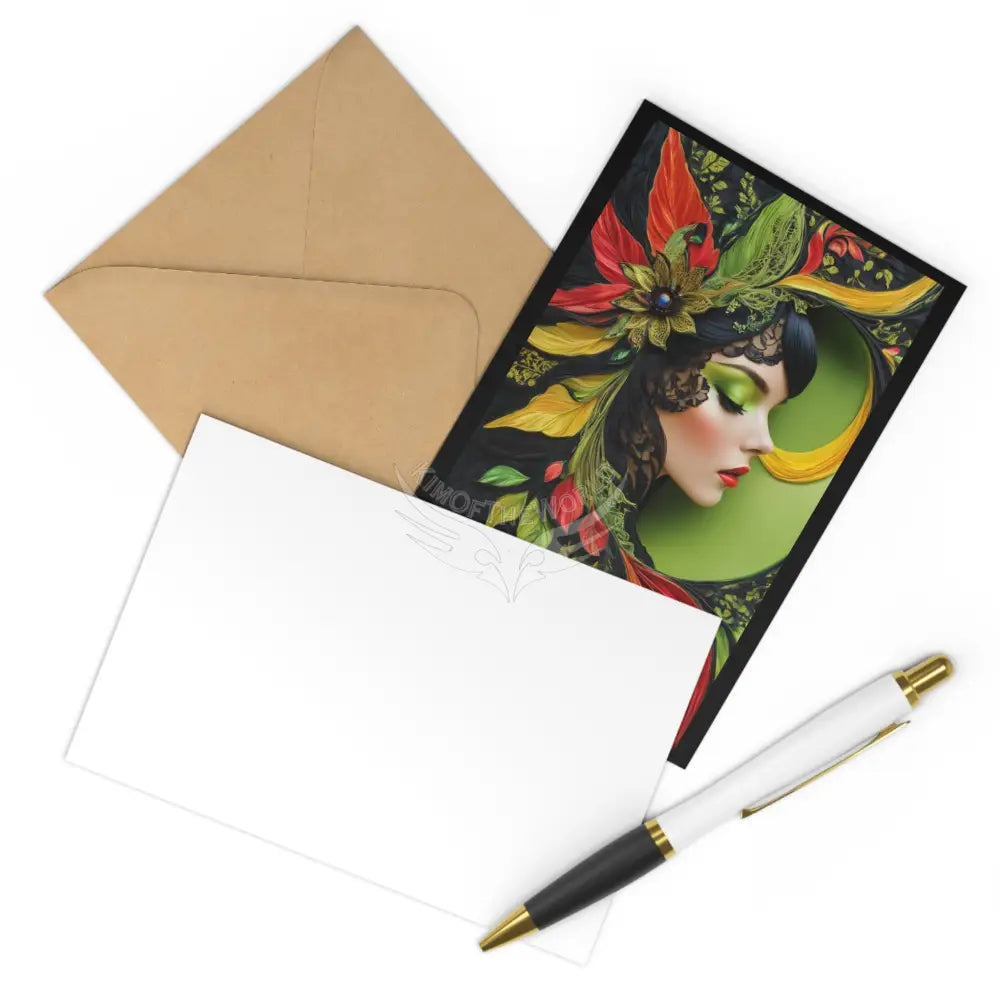 Green & Gold 3D Lady Postcards — 7-Card Set (Red Motif) One size Paper products