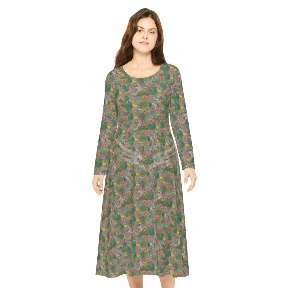 Green Mini Floral Wallpaper Print Dress – Women’s Long Sleeve AOP L All Over Prints