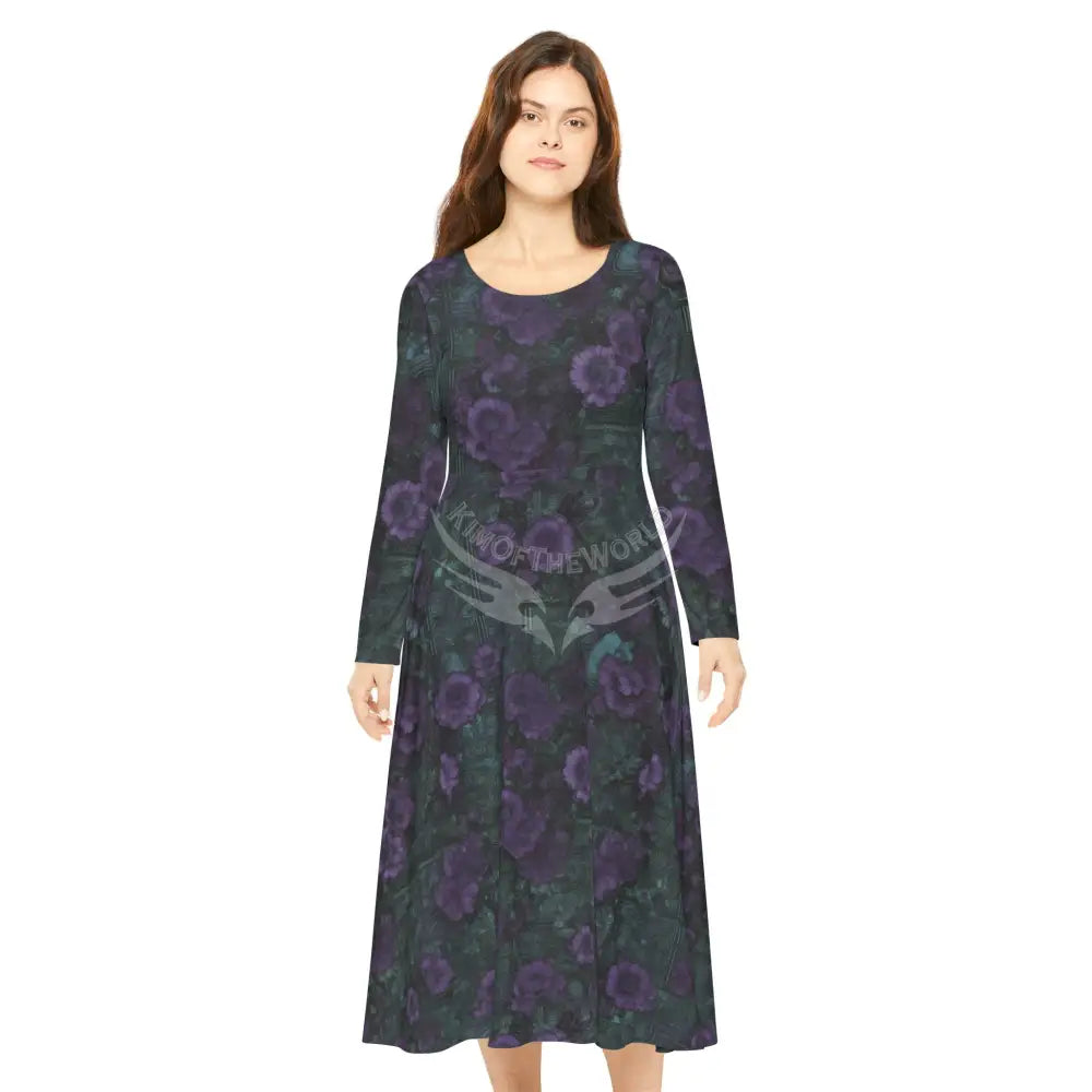 Green & Purple Floral Wallpaper Print Dress – Women’s Long Sleeve AOP L All Over Prints