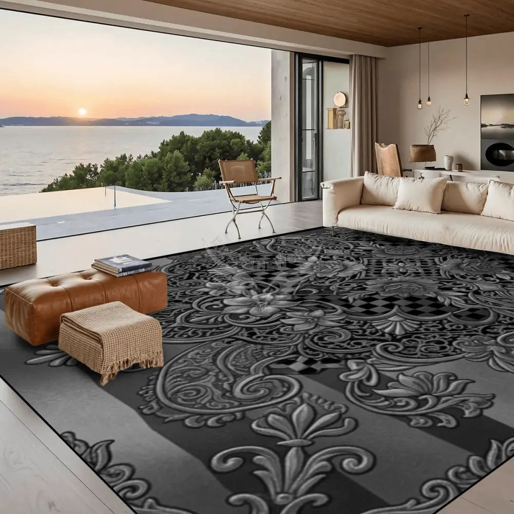 Grey and Black Floral Design 10 ft x 8 ft Large Area Rug Floor Carpet 120’’x96’’ Rugs & Mats
