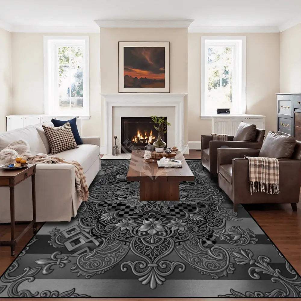 Grey and Black Floral Design 10 ft x 8 ft Large Area Rug Floor Carpet 120’’x96’’ Rugs & Mats