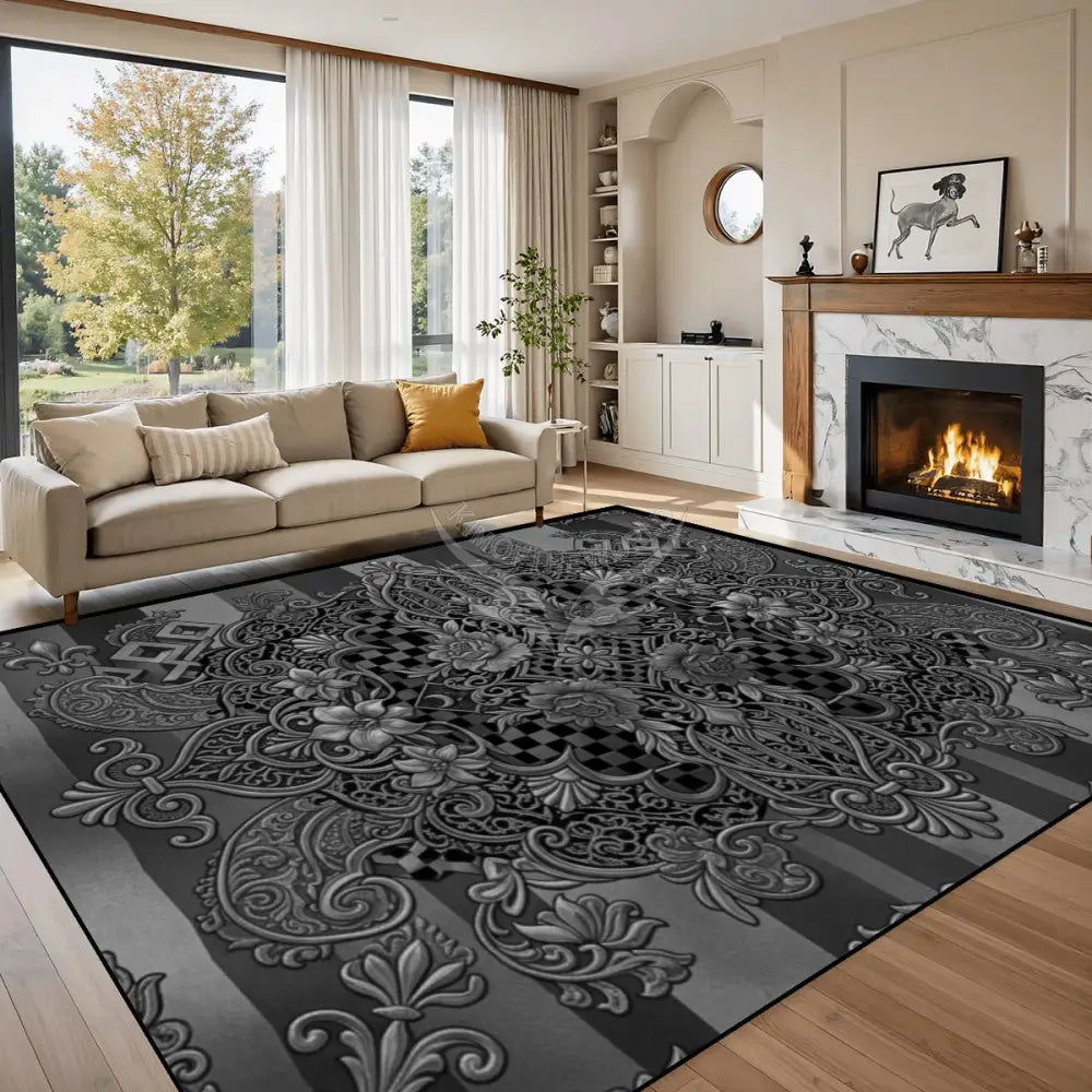 Grey and Black Floral Design 10 ft x 8 ft Large Area Rug Floor Carpet 120’’x96’’ Rugs & Mats