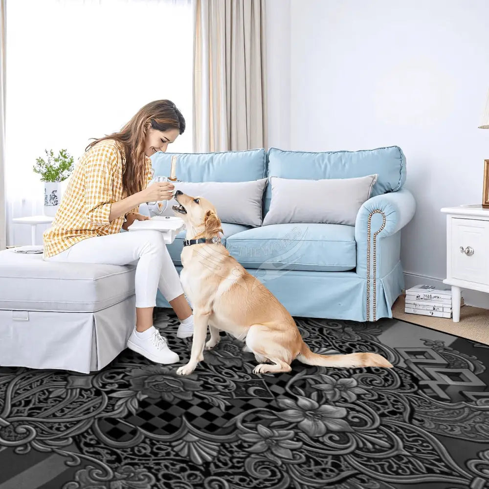 Grey and Black Floral Design 10 ft x 8 ft Large Area Rug Floor Carpet 120’’x96’’ Rugs & Mats