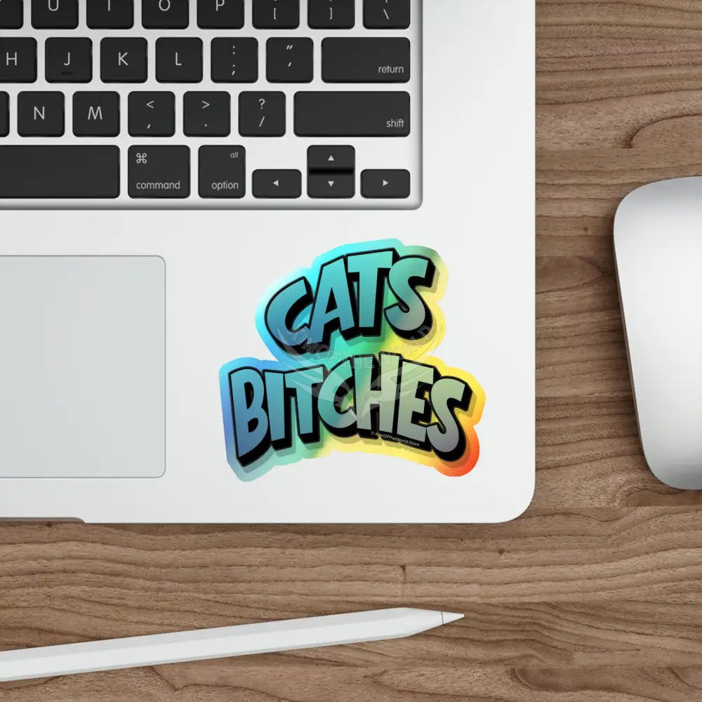 Holographic ’Cats Bitches’ Die-Cut Sticker — Retro Graffiti Cat Pride Decal Paper products