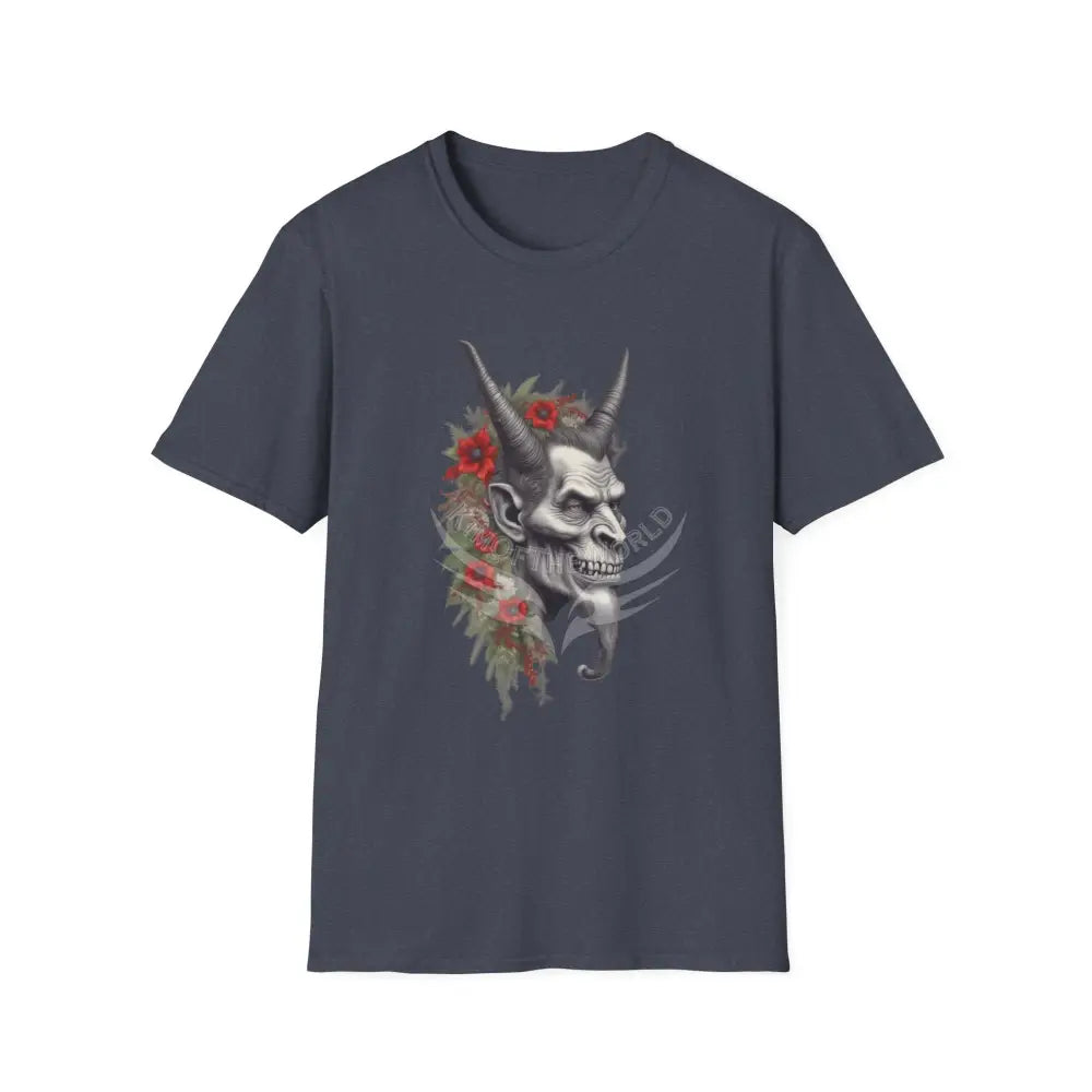 Krampus Christmas Lore Holiday Fae Horned Skull & Roses T-Shirt Heather Navy / S T-Shirt