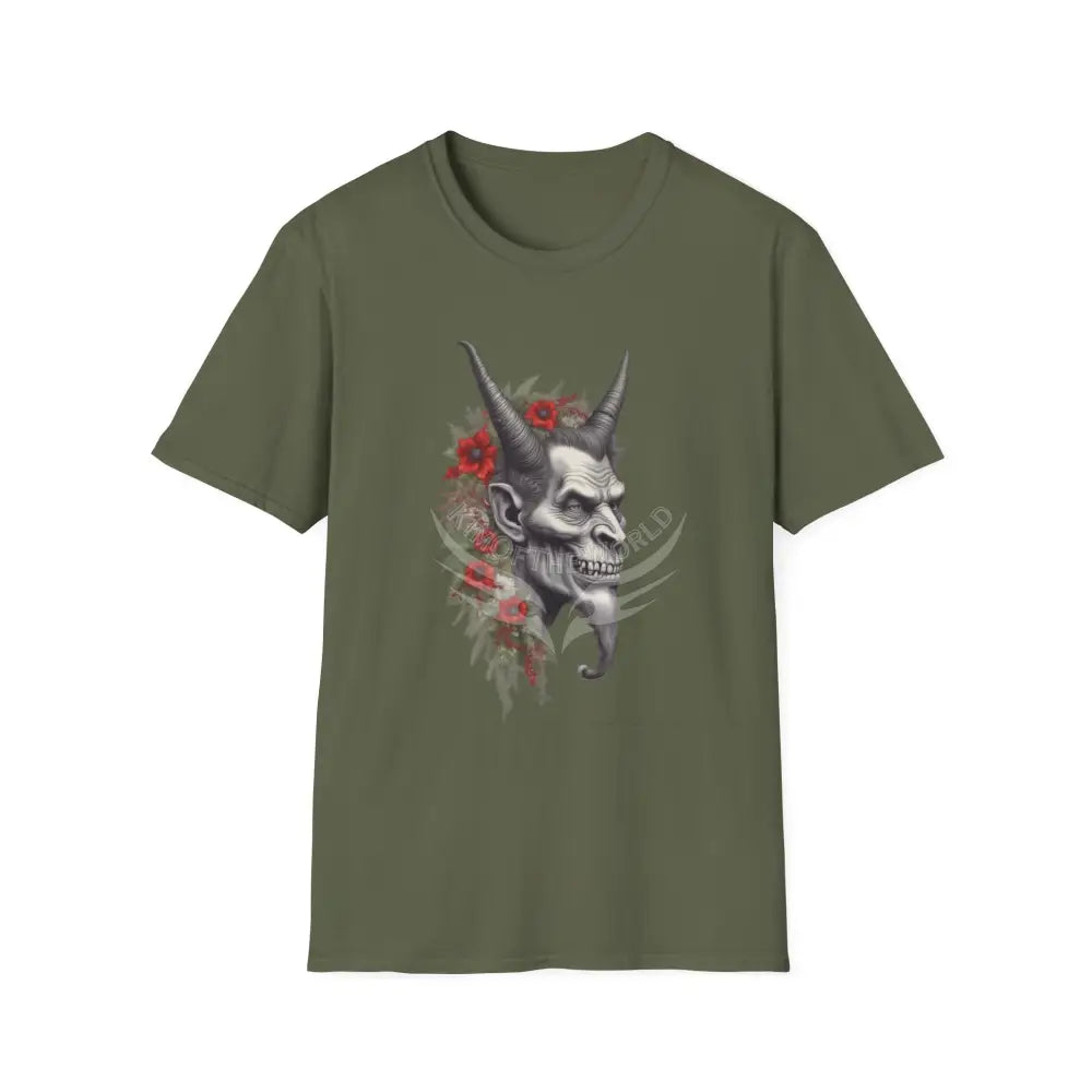 Krampus Christmas Lore Holiday Fae Horned Skull & Roses T-Shirt Military Green / S T-Shirt