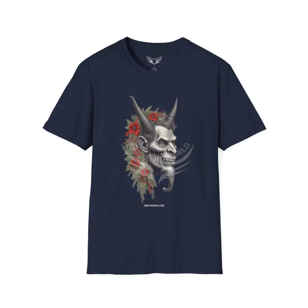 Krampus Christmas Lore Holiday Fae Horned Skull & Roses T-Shirt Navy / S T-Shirt