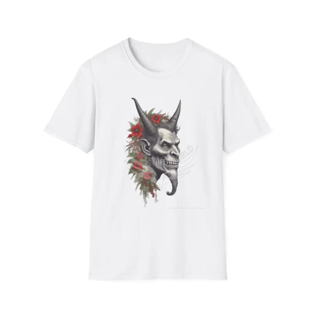 Krampus Christmas Lore Holiday Fae Horned Skull & Roses T-Shirt White / S T-Shirt