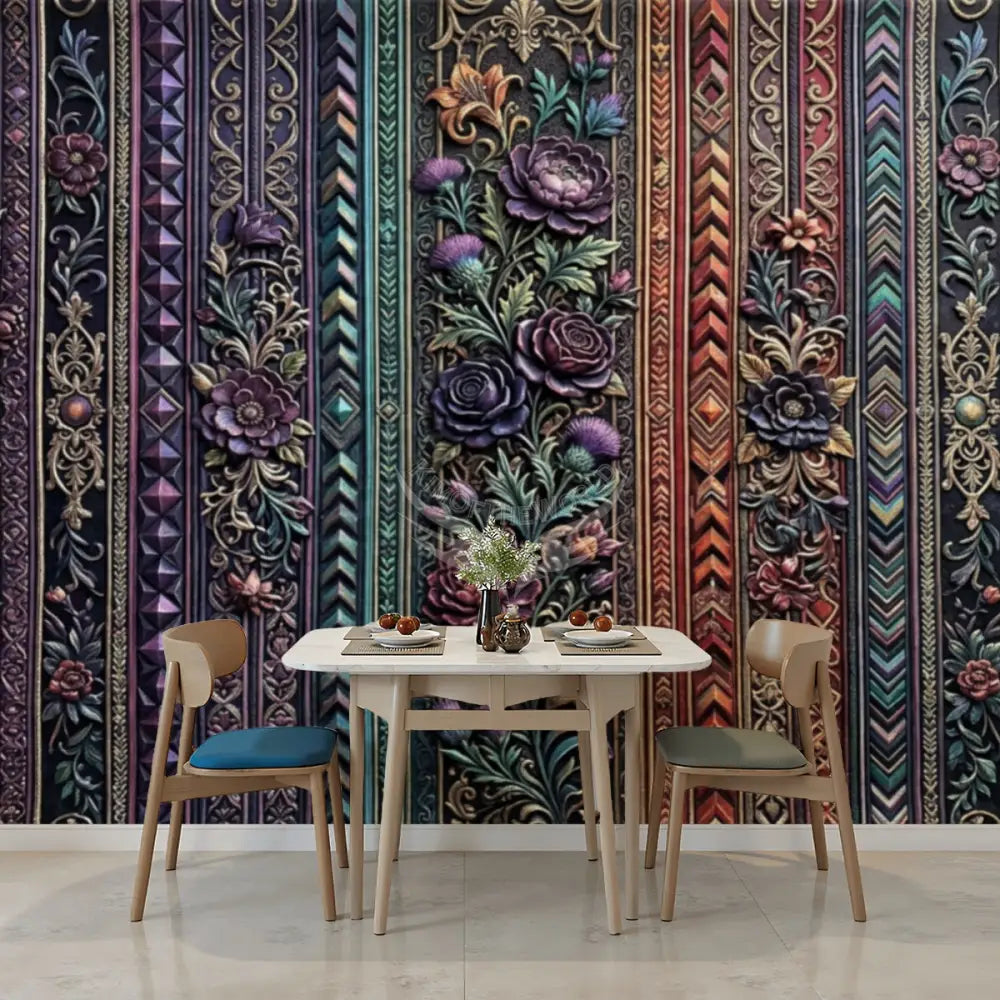 Large 3D Floral Colorful Stripes Unpasted Mural Wallpaper 144’’x100’’ - 144’’x100’’ - Wall Coverings