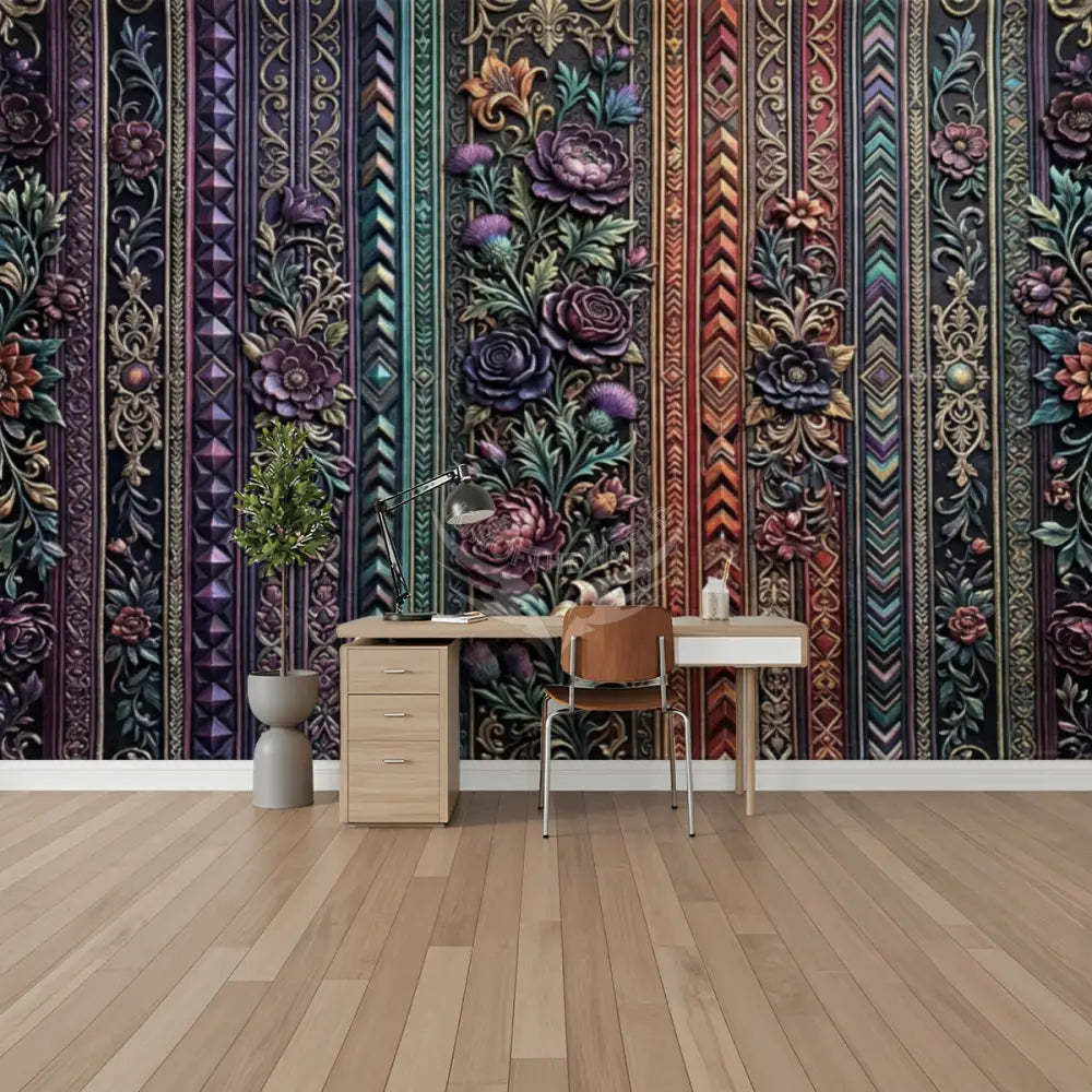 Large 3D Floral Colorful Stripes Unpasted Mural Wallpaper 144’’x100’’ - 144’’x100’’ - Wall Coverings