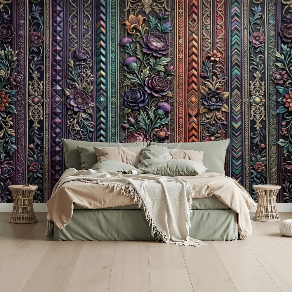 Large 3D Floral Colorful Stripes Unpasted Mural Wallpaper 144’’x100’’ - 144’’x100’’ - Wall Coverings