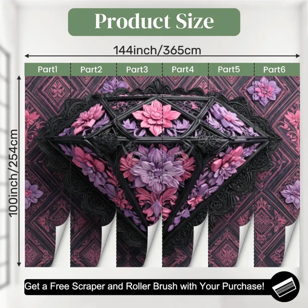 Large 3D Floral Diamond Unpasted Mural Wallpaper 144’’x100’’ - 144’’x100’’ - Wall Coverings