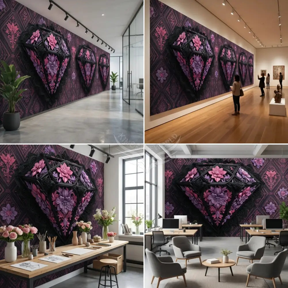 Large 3D Floral Diamond Unpasted Mural Wallpaper 144’’x100’’ - 144’’x100’’ - Wall Coverings