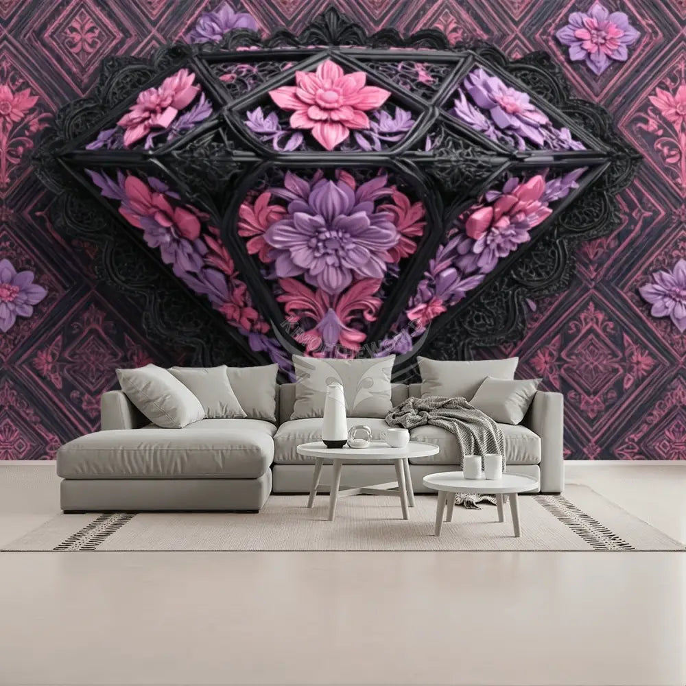 Large 3D Floral Diamond Unpasted Mural Wallpaper 144’’x100’’ - 144’’x100’’ - Wall Coverings