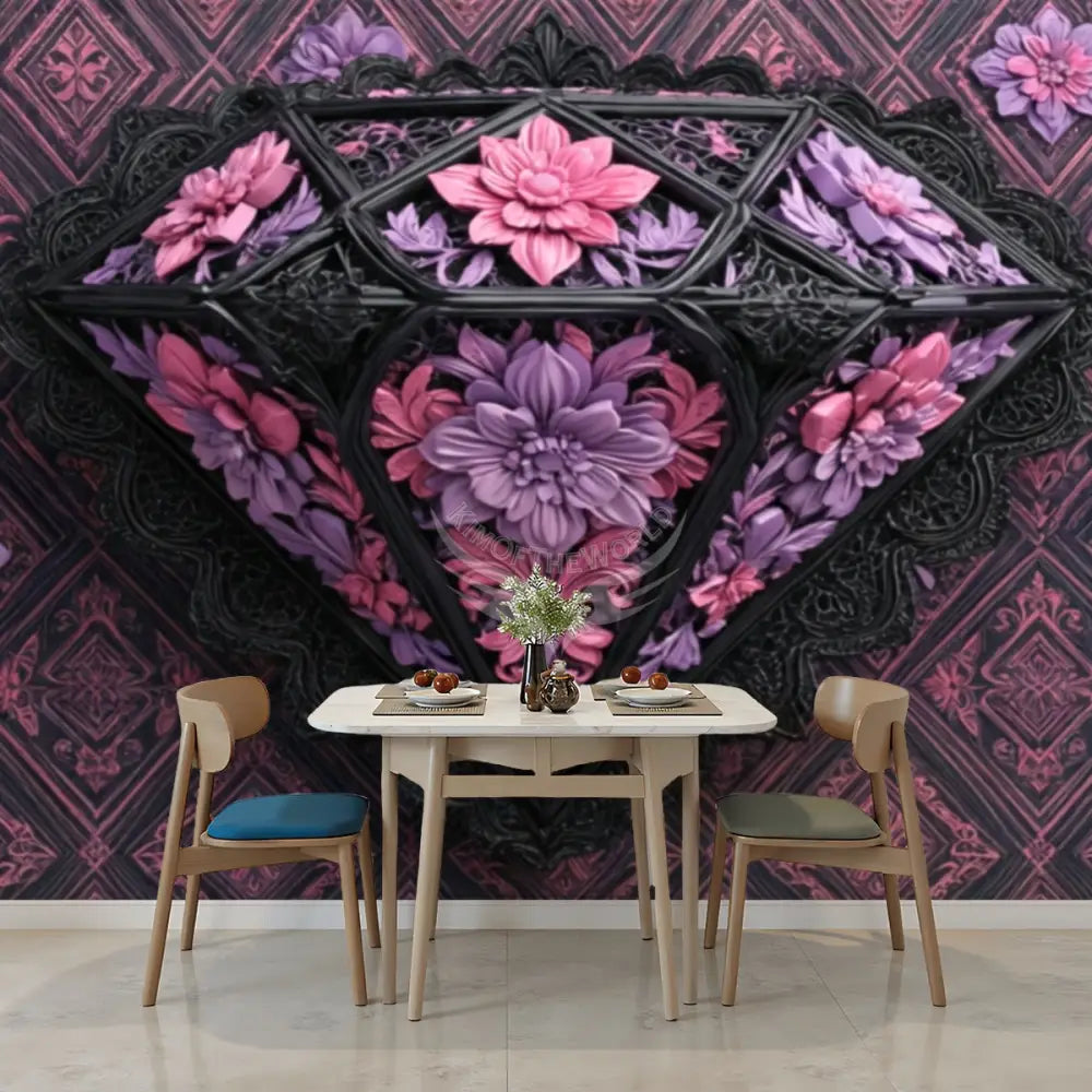 Large 3D Floral Diamond Unpasted Mural Wallpaper 144’’x100’’ - 144’’x100’’ - Wall Coverings
