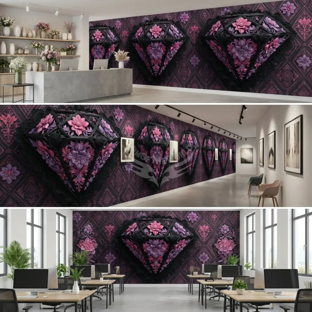 Large 3D Floral Diamond Unpasted Mural Wallpaper 144’’x100’’ - 144’’x100’’ - Wall Coverings
