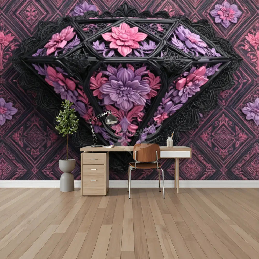 Large 3D Floral Diamond Unpasted Mural Wallpaper 144’’x100’’ - 144’’x100’’ - Wall Coverings